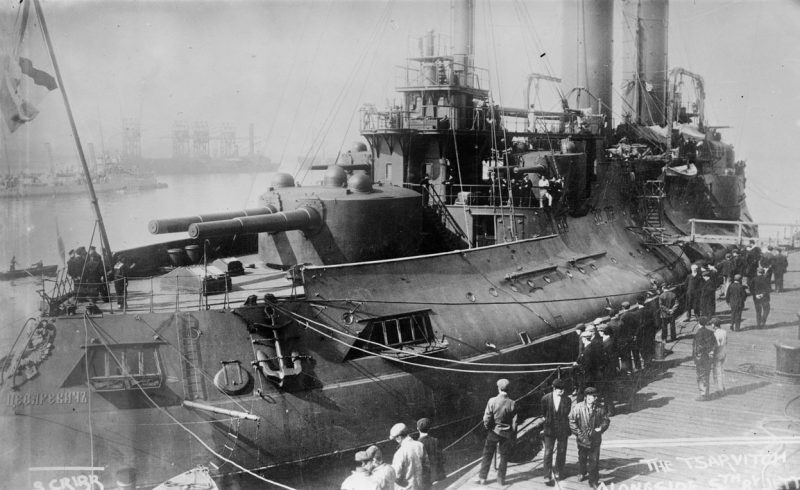 Russian battleship Tsesarevich, a pre-dreadnought battleship of the Imperial Russian Navy, docked Krondsdat, ca. 1915. Note dark wartime scheme. source