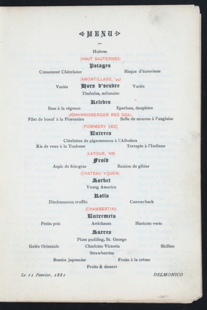 Abraham Lincoln's Birthday Menu - Delmonico's, NYC (1881) : r/VintageMenus