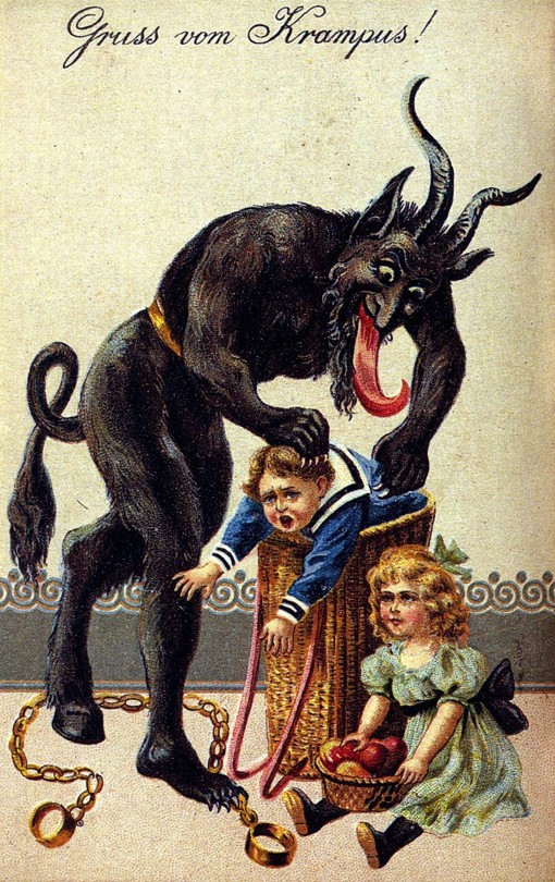 Um cartão de saudação de 1900 lendo 'Saudações do Krampus!'