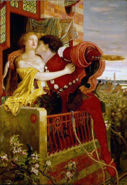 Romeo and Juliet de Ford Madox Brown, 1870, retratando a famosa cena da varanda da peça