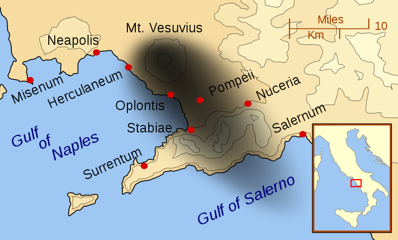 Pompeii and Herculaneum, as well as other cities affected by the eruption of Mount Vesuvius. The black cloud represents the general distribution of ash, pumice and cinders  Author: MapMaster   CC BY-SA 3.0