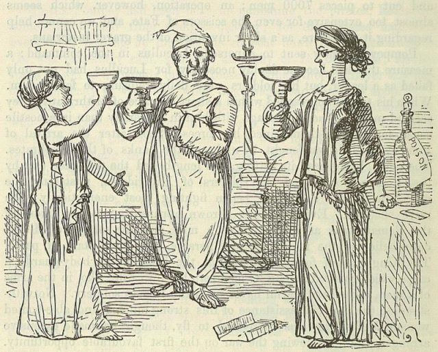 Image by John Leech, from: The Comic History of Rome by Gilbert Abbott A. Beckett. Bradbury, Evans & Co, London, 1850s. Mithridates, his rash act.