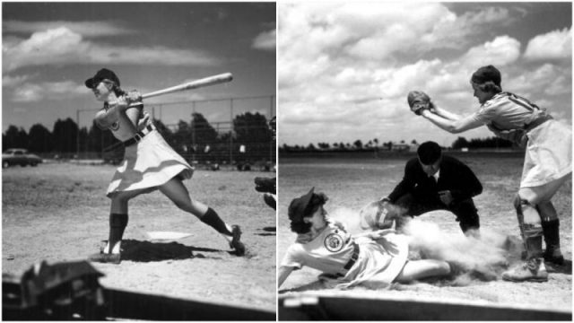 All-American Girls Professional Baseball League Player Marg Callaghan  Sliding into Home Plate as Umpire Norris Ward Watches.