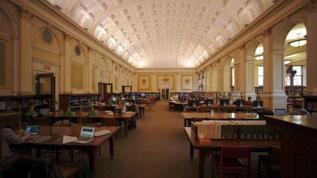 Interior of the main branch of Carnegie Library of Pittsburgh, a public library in Pittsburgh. The main library opened in 1895. Photo by Dllu CC BY-SA 4.0