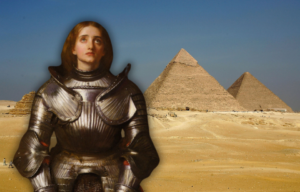 An illustration of Joan of Arc in front of a photo of Egyptian pyramids.