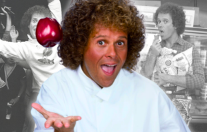 Richard Simmons standing in a crowd + Richard Simmons eating food in a grocery store + Portrait of Richard Simmons