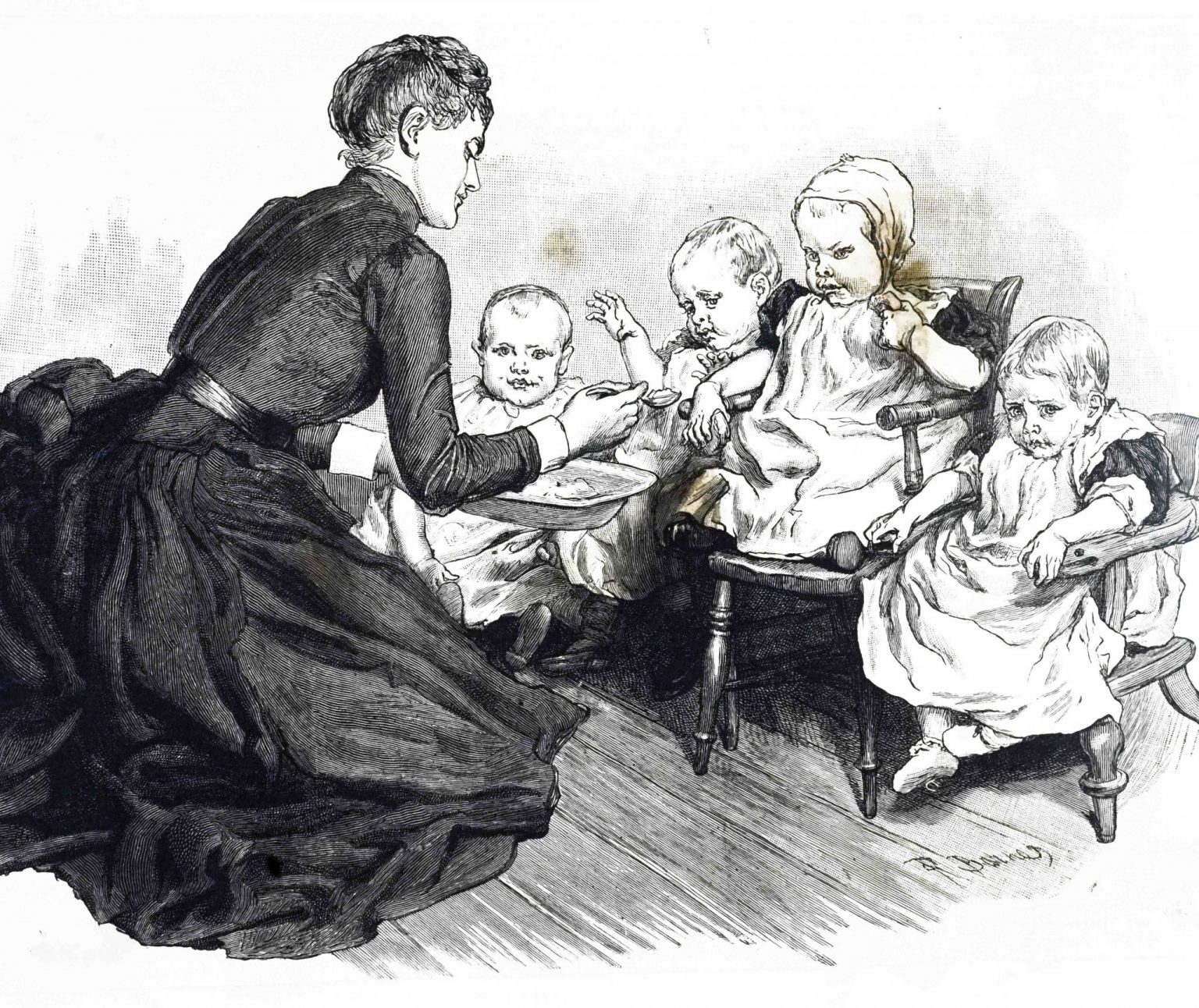 woman feeding children rescued from a baby farm, nineteenth century. 