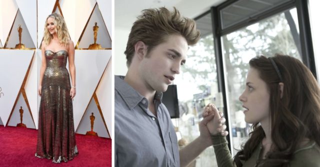 Jennifer Lawrence standing on a red carpet + Robert Pattinson and Kristen Stewart as Edward Cullen and Bella Swan in 'Twilight'