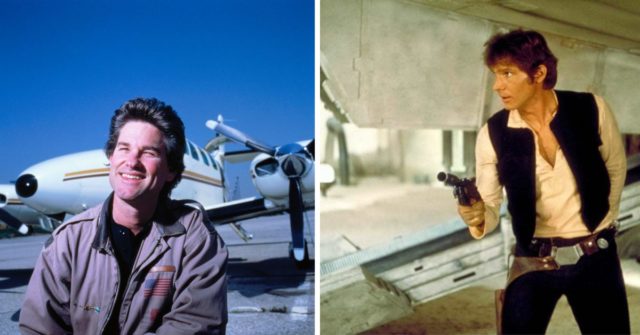 Kurt Russell sitting in front of an aircraft + Harrison Ford as Han Solo in 'Star Wars: Episode IV - A New Hope'