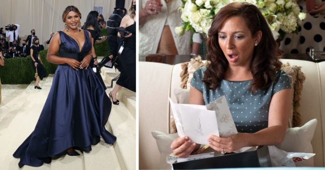 Mindy Kaling standing on a red carpet + Maya Rudolph as Lillian Donovan in 'Bridesmaids'