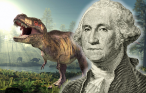 Illustration of a T-Rex walking near a river + Portrait of George Washington