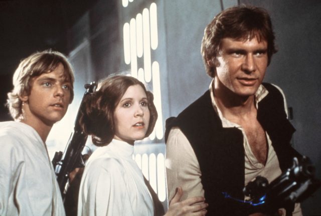 Mark Hamill, Carrie Fisher and Harrison Ford as Luke Skywalker, Princess Leia and Han Solo in 'Star Wars: Episode IV - A New Hope'