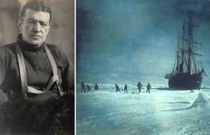 Portrait of Ernest Shackleton + Crew of the Endurance walking on ice beside the ship