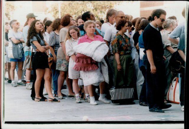 A crowd of people lined up to see the Ken and Barbie killers testify in court
