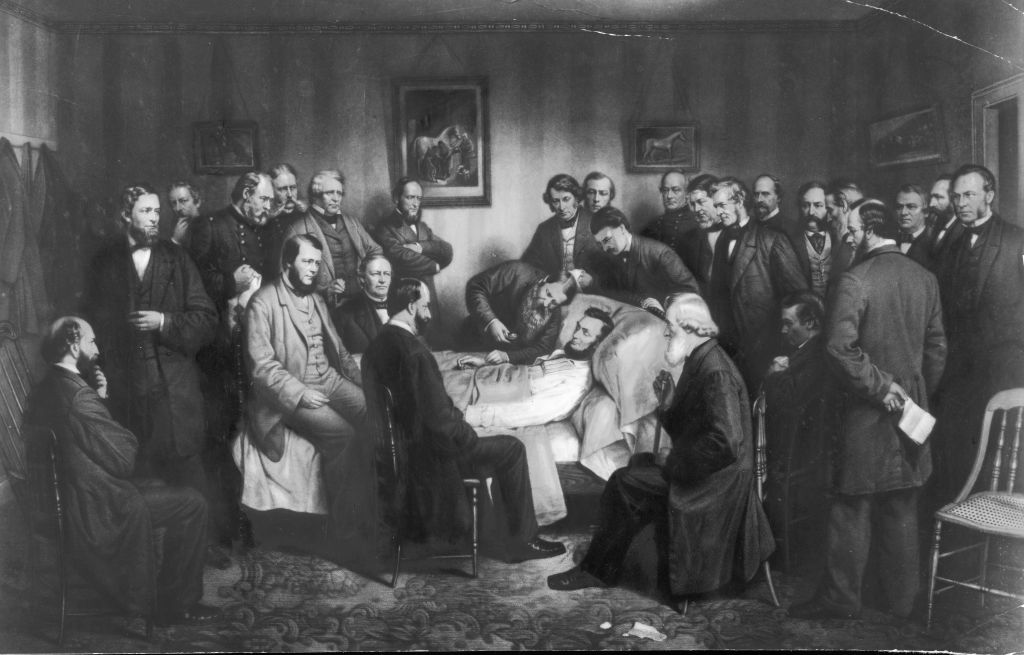 Painting of the death of President Lincoln showing his physician and other notaries, circa 1865.  (Photo by Fotosearch/Getty Images).