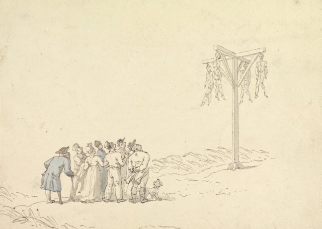 An illustration of a crowd looking at four men hanging from a gibbet
