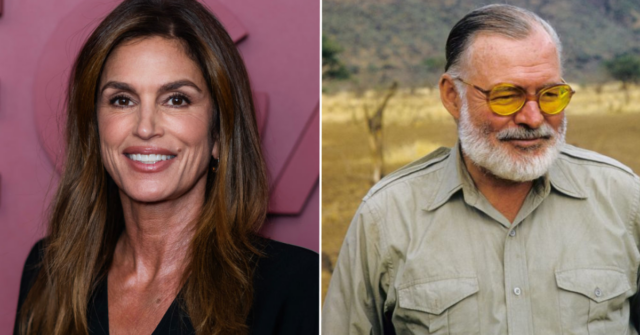 Cindy Crawford standing on a red carpet + Ernest Hemingway standing outside