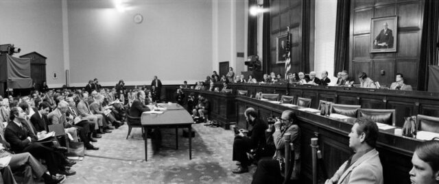 Gerald Ford sitting before the House Judiciary Subcommittee