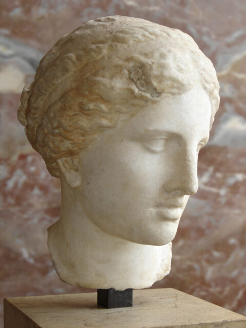 Marble head of a woman with her hair tied back. 