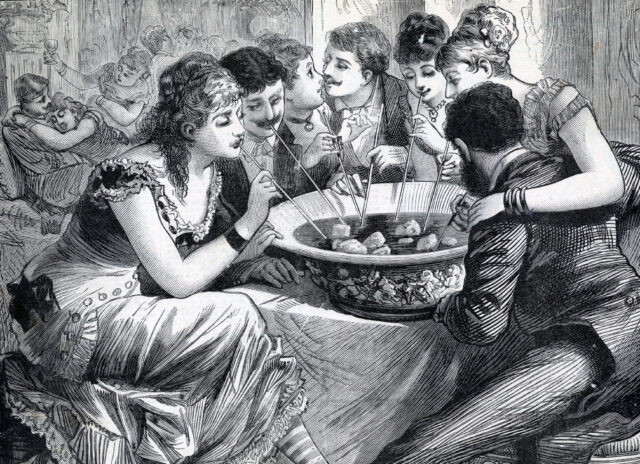 Illustration of people using straws to drink from a communal pot during a party.