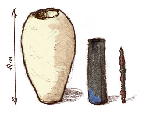 Illustrations of a pot, a copper cylinder, and an iron rod.