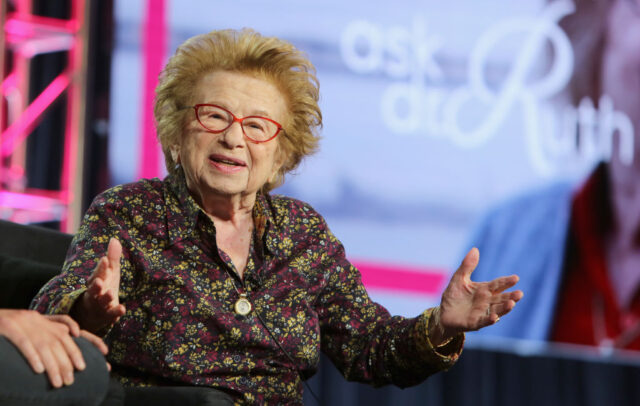 Ruth Westheimer sitting on stage