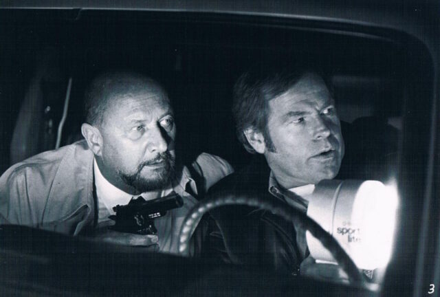 Donald Pleasence and Charles Cypher as Dr. Sam Loomis and Sheriff Leigh Brackett in 'Halloween II'