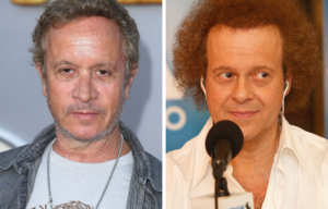 Pauly Shore standing on a red carpet + Richard Simmons sitting before a microphone