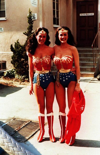 Lynda Carter and Jeanie Epper dressed as Wonder Woman