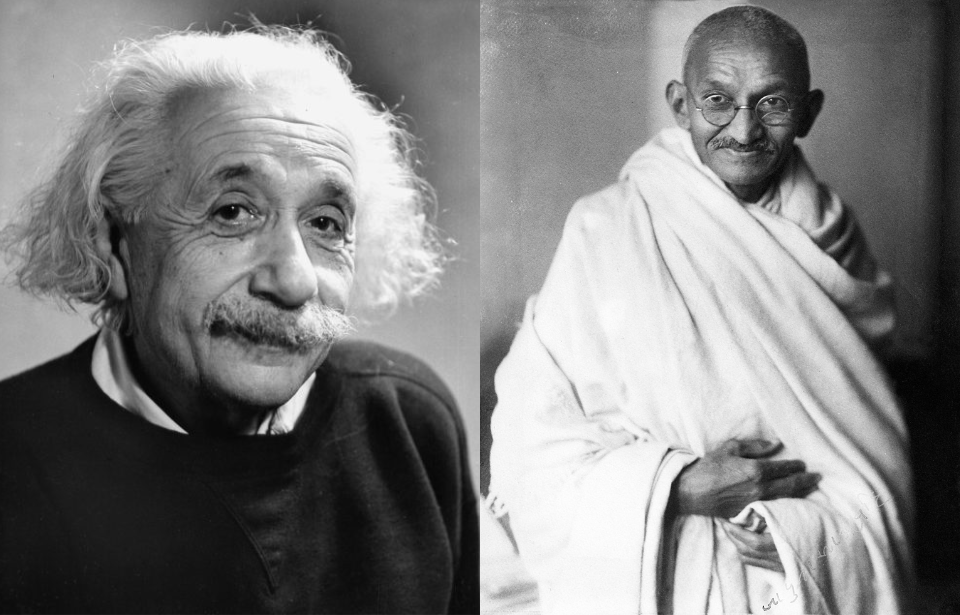 L: Albert Einstein R: Mahatma Gandhi. (Photo Credit: Fred Stein Archive / Archive Photos / Getty Images | Elliott & Fry / Hulton Archive / Wikimedia Commons / Public Domain)