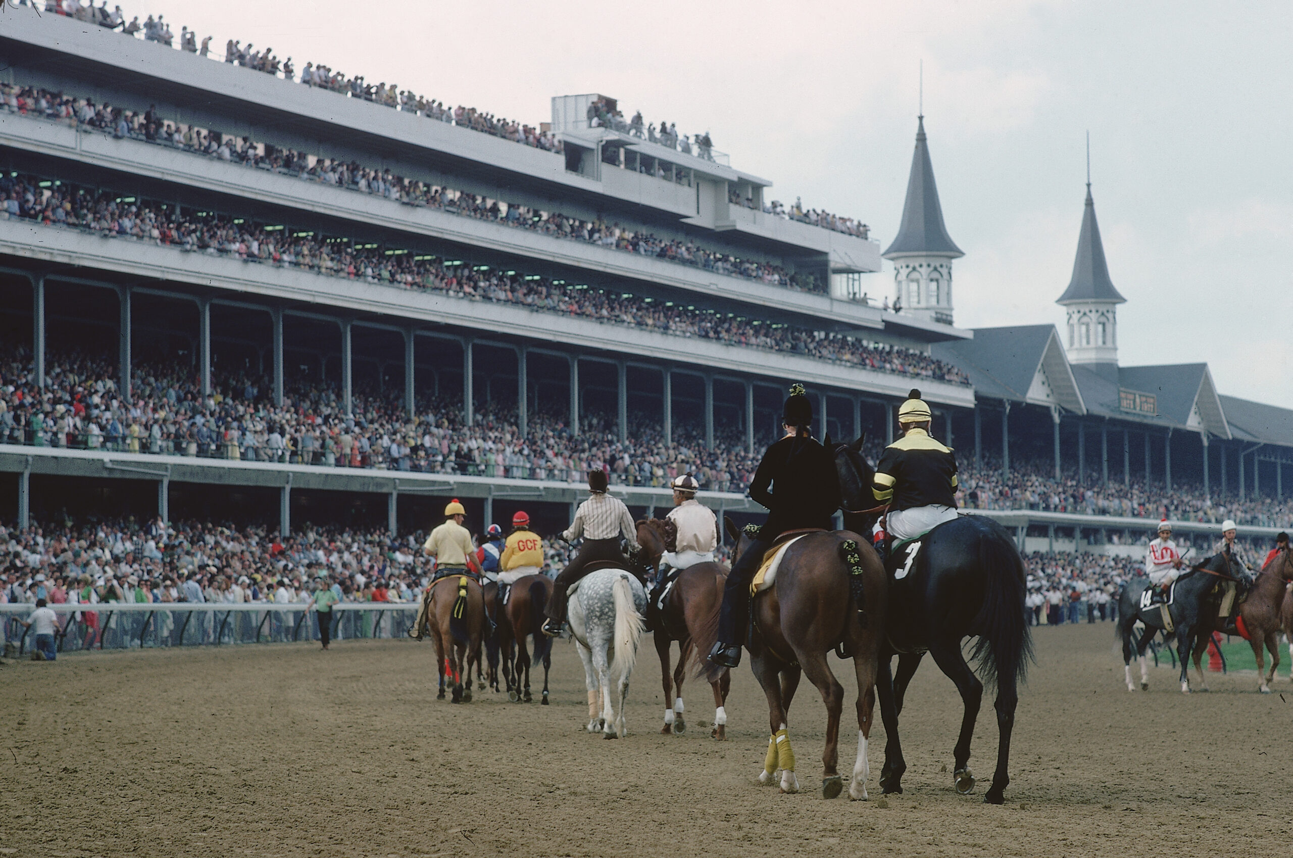 American jockey Jean Cruguet rides thoroughbred racehorse Seattle Slew (#3) onto the track before the start of the Kentucky Derby at Churchill Downs, Louisville, Kentucky, May 7, 1977. (Photo Credit: Robert Riger/Getty Images)
