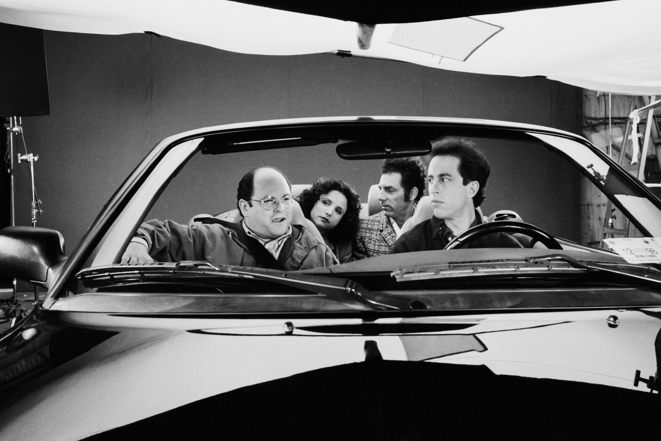 STUDIO CITY, CA - APRIL 3: (L-R) Actors Jason Alexander, Julia Louis-Dreyfus, Michael Richards, and Jerry Seinfeld on set in the final days of shooting the hit tv show 