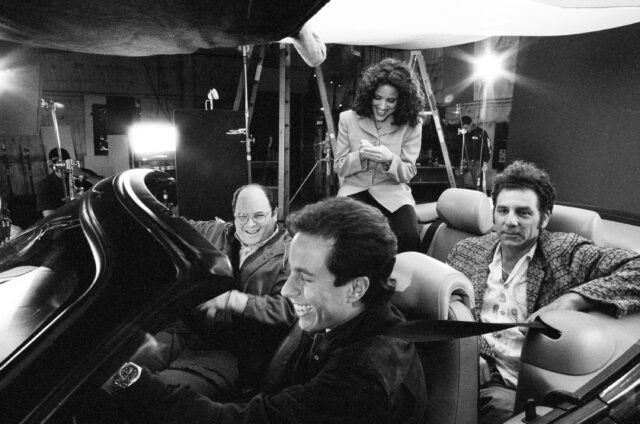 actors jason Alexander, Jerry Seinfeld, Julia Louis-Dreyfus, and Michael Richards on seinfeld set 1998