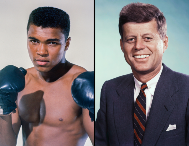 Headshots of Muhammad Ali and John F. Kennedy.