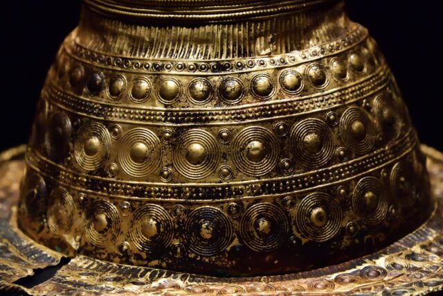 A close-up of a gold hat.