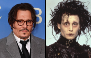 Headshots of Johnny Depp and Johnny Depp dressed as Edward Scissorhands.