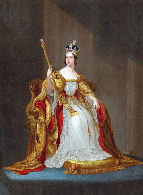 Illustration of Queen Victoria with crown and sceptor.