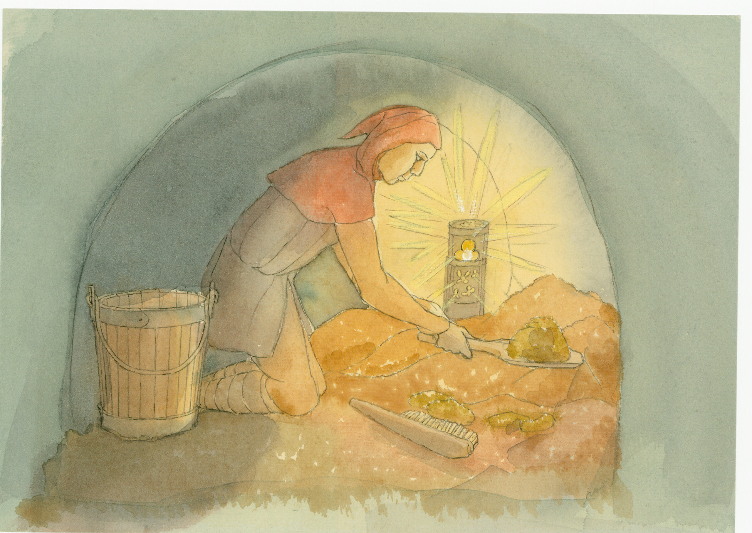 A medieval gongfermour, or gong farmer, at work, 2004. A reconstruction illustration of a medieval gongfermour, or gong farmer, at work. A gongfermour is a Tudor term that describes someone whose job entailed removing human excrement from cesspits and privies. They only worked at night, and were often called 'nightmen', and the collections as 'night soil'. The waste had to be taken out of town boundaries. The gongfermour is working at night by candlelight, and is possibly in a cesspit or privvy. The illustration was made for the educational department to use on medieval locations. Artist Judith Dobie. (Photo by Historic England Archive/Heritage Images via Getty Images)