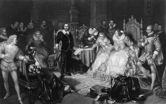 Illustration of William Shakespeare performing for Queen Elizabeth I.