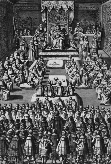 Illustration of parliament with Queen Elizabeth I at the head.