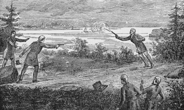 Illustration of the duel between Aaron Burr and Alexander Hamilton.