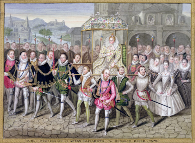 Illustration of Queen Elizabeth I in procession.