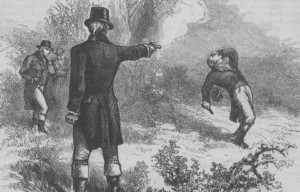 Illustration of Aaron Burr shooting Alexander Hamilton.