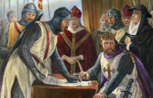 Illustration of King John signing the Magna Carta.