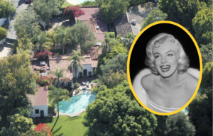 Aerial view of Marilyn Monroe's Brentwood home, portrait of Marilyn Monroe.