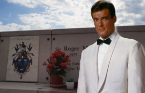 Flowers placed at Roger Moore's gravesite + Portrait of Roger Moore