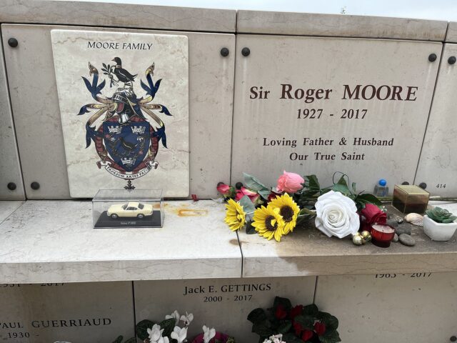 Flowers placed at Roger Moore's grave