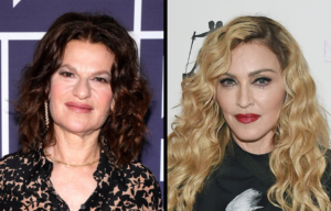 Sandra Bernhard standing on a red carpet + Madonna standing on a red carpet