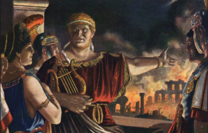 Illustration of Nero gesturing to a burning Rome.