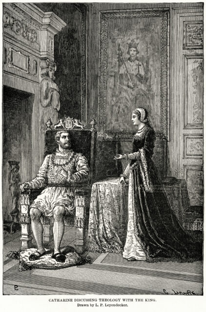 King Henry VIII sitting in a throne while Catherine Parr speaks to him while standing